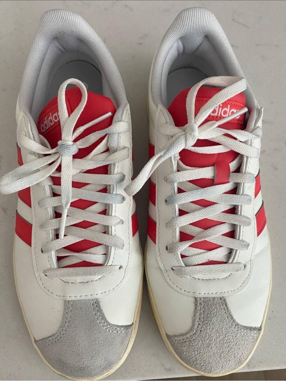 Adidas White Sneakers with Red Stripes
